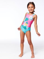 Printed One Piece Swimsuit Pink & Green Tropical Flowers