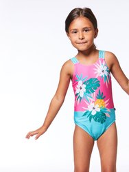 Printed One Piece Swimsuit Pink & Green Tropical Flowers
