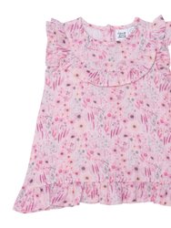 Printed Short Sleeve Blouse With Frill Pink Watercolor Flowers - Pink