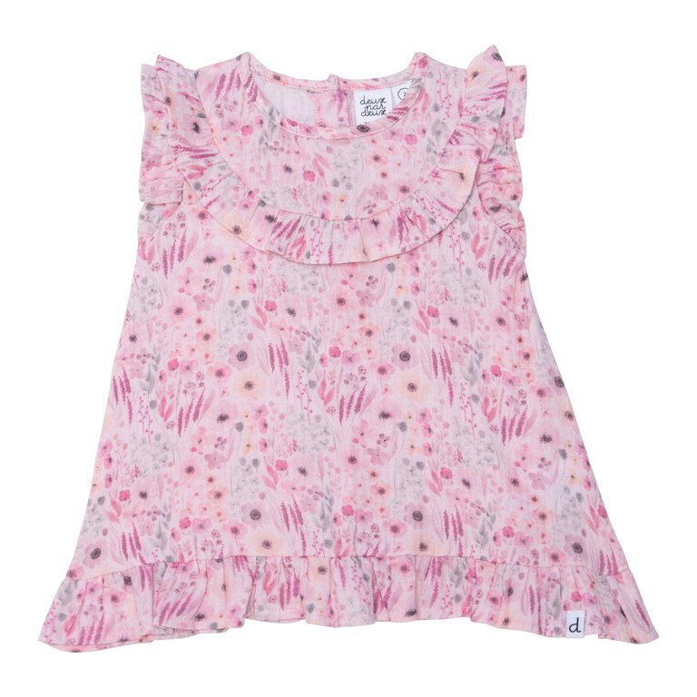 Printed Short Sleeve Blouse With Frill Pink Watercolor Flowers - Pink