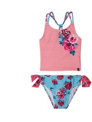 Printed Two Piece Swimsuit - Pink Stripe & Blue Roses - Pink Stripe/Blue