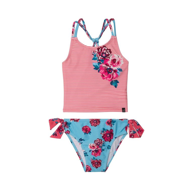 Printed Two Piece Swimsuit - Pink Stripe & Blue Roses - Pink Stripe/Blue