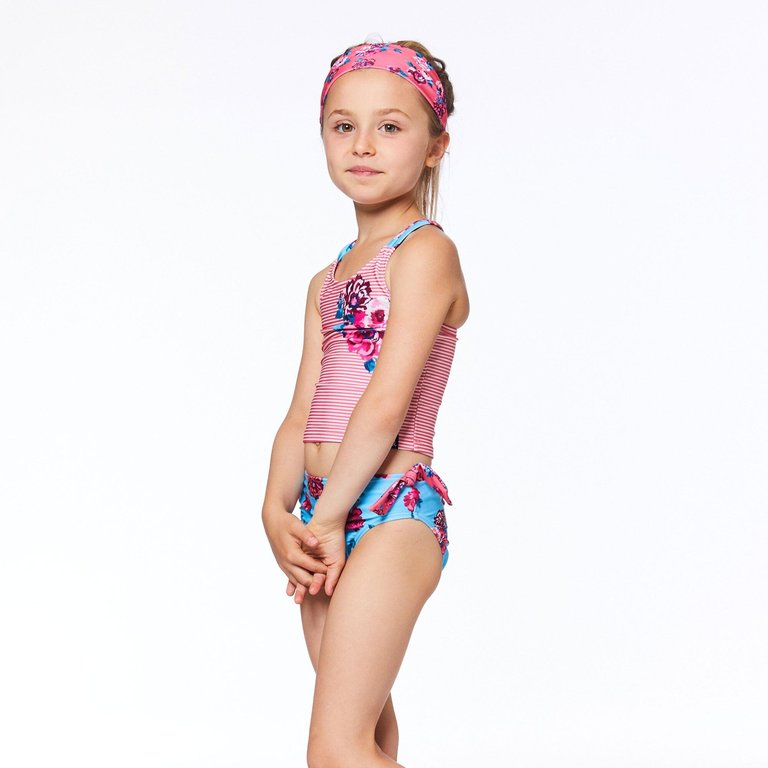 Printed Two Piece Swimsuit - Pink Stripe & Blue Roses