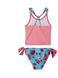 Printed Two Piece Swimsuit - Pink Stripe & Blue Roses