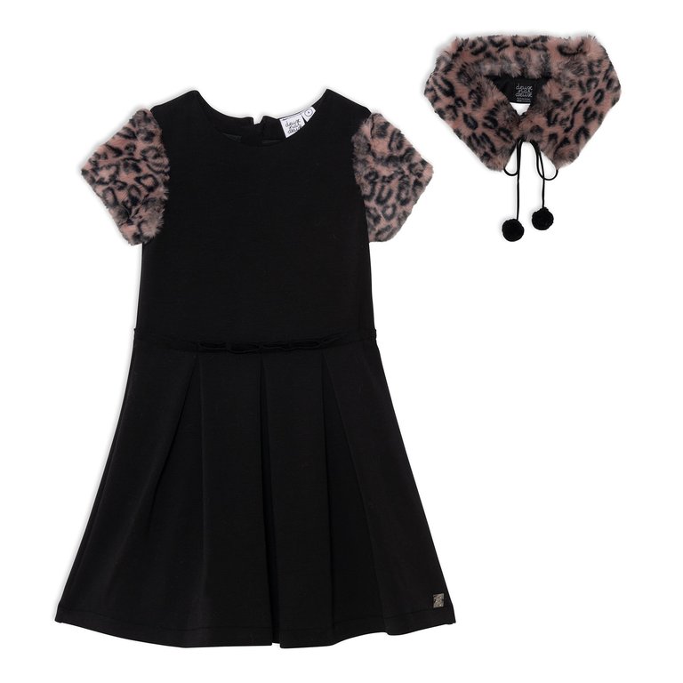 Short Sleeve Fake Fur Dress - Black