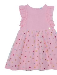 Short Sleeve Frill Dress With Tulle Print Skirt Pink - Pink