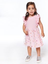 Short Sleeve Frill Dress With Tulle Print Skirt Pink