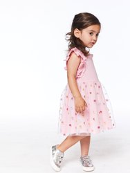 Short Sleeve Frill Dress With Tulle Print Skirt Pink