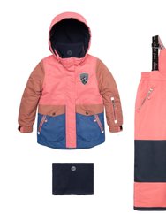 Two Piece Snowsuit - Printed Rainbow and Colorblock Jacket with Printed Rainbow and Colorblock Pant - Solid Coral Pink Pant, Navy Blue and Rosy Brown with Colorblock Jacket