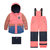 Two Piece Snowsuit - Printed Rainbow and Colorblock Jacket with Printed Rainbow and Colorblock Pant - Solid Coral Pink Pant, Navy Blue and Rosy Brown with Colorblock Jacket