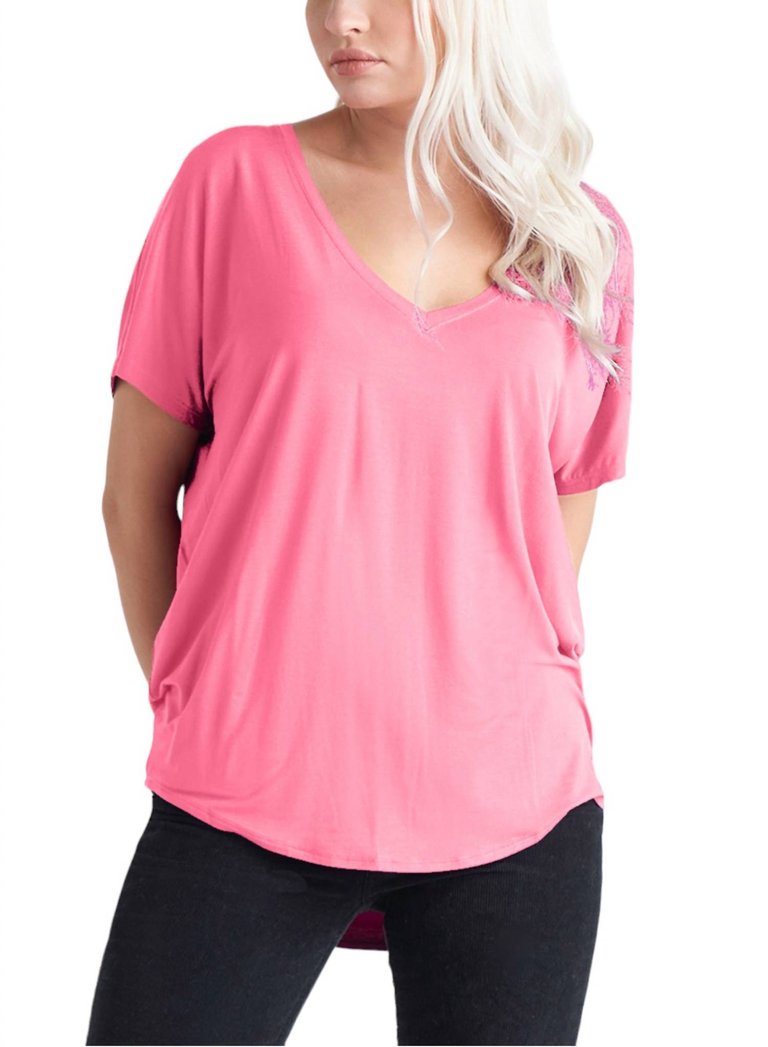 V Neck Knit Tee In Hot Pink - Hot Pink