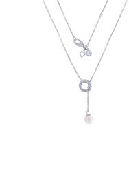 Circle & Drop Pearl Y - Shape Necklace - Silver