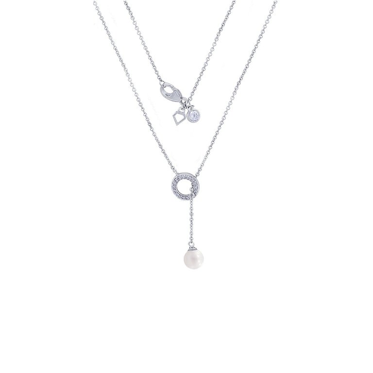 Circle & Drop Pearl Y - Shape Necklace - Silver