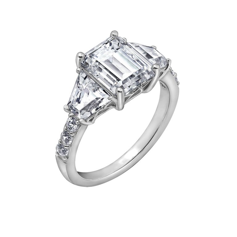 Emerald Cut With Trapeze Side Stone Cocktail Ring - Platinum