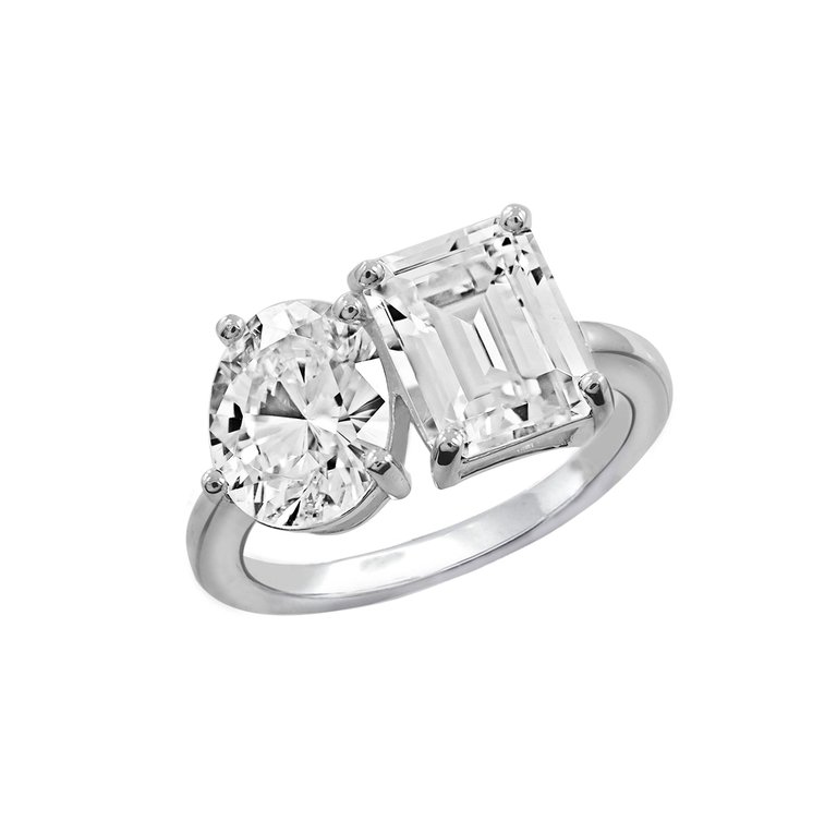 Oval And Emerald Cut Double Stone Ring - White