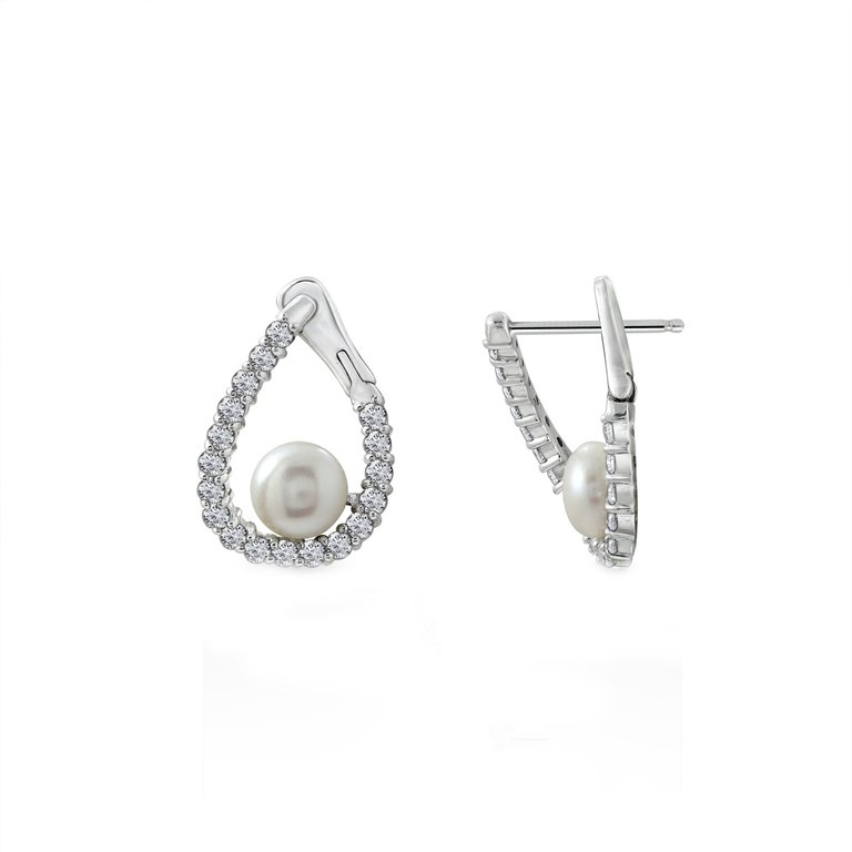 Pearl Omega Hoop Earrings - Platinum