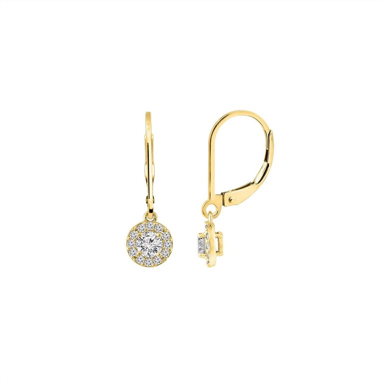 Round Halo Leverback Earrings - Gold