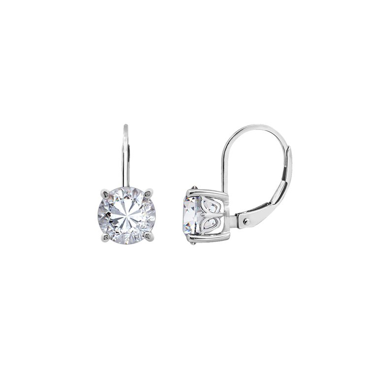 Round Solitaire Earrings With Leverback - Rhodium