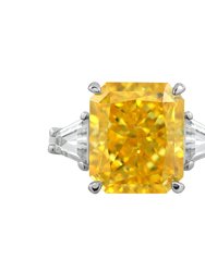 Yellow Emerald And Trapeze Cut Engagement Ring - Silver