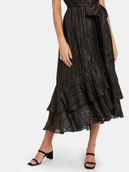 Donnie Silk Metallic Faux Wrap Midi Dress