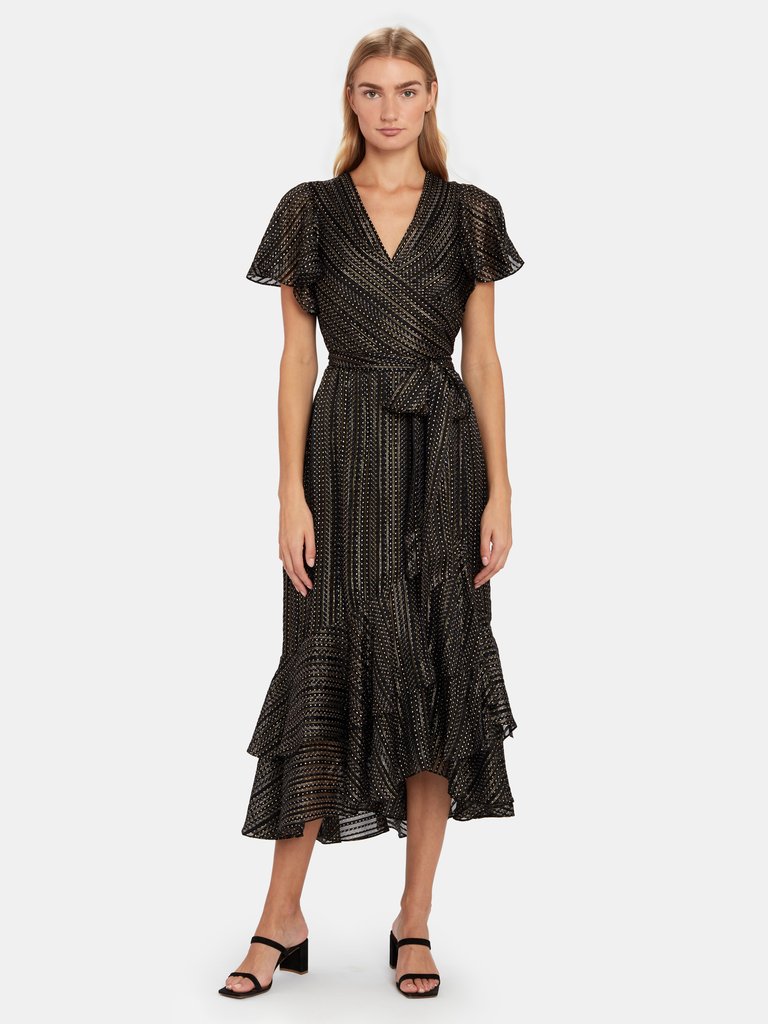 Donnie Silk Metallic Faux Wrap Midi Dress - Black Gold