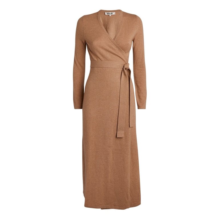 Dvf Astrid Wool Cashmere Wrap Midi Dress Camel - Beige