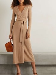 Dvf Astrid Wool Cashmere Wrap Midi Dress Camel