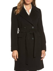 Women's Double Breasted Tie Waist Wool Coat - Black