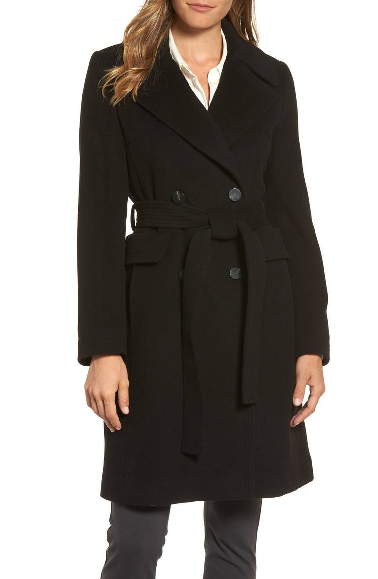 Women's Double Breasted Tie Waist Wool Coat - Black