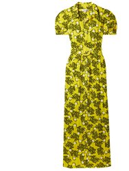 Women's Paddy Olive Leaves Signature Yellow Belted Midi Dress - Yellow