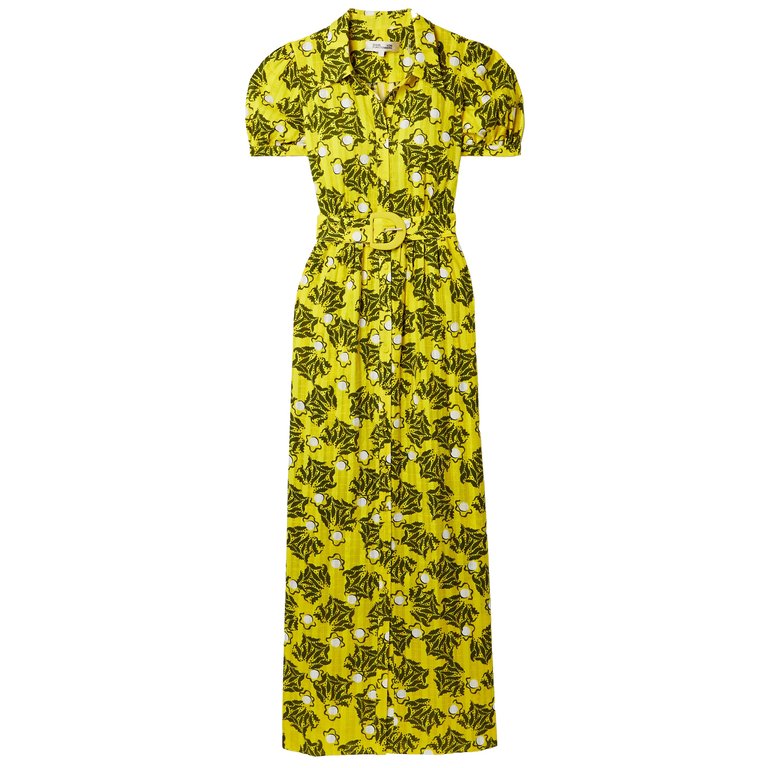 Women's Paddy Olive Leaves Signature Yellow Belted Midi Dress - Yellow