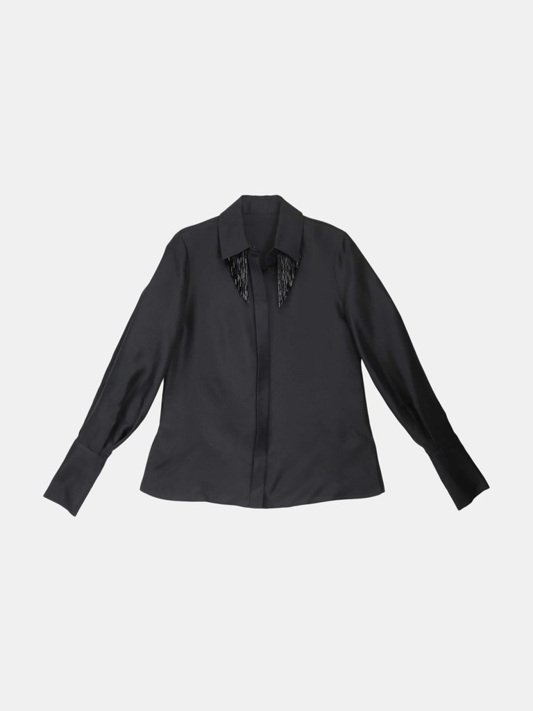 Dice Kayek Women's Black Beaded Fringe Collar Shirt Blouse - Black