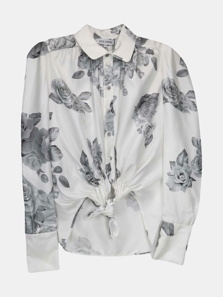Women's Floral Print Asymmetric Shirt Blouse - White / Grey