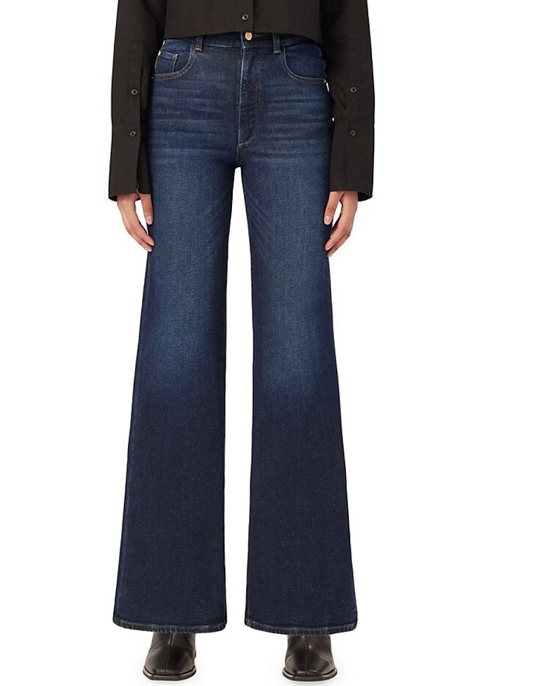 Women Hepburn Wide Leg High Rise Vintage 32" Mediterranean Denim Jeans - Blue