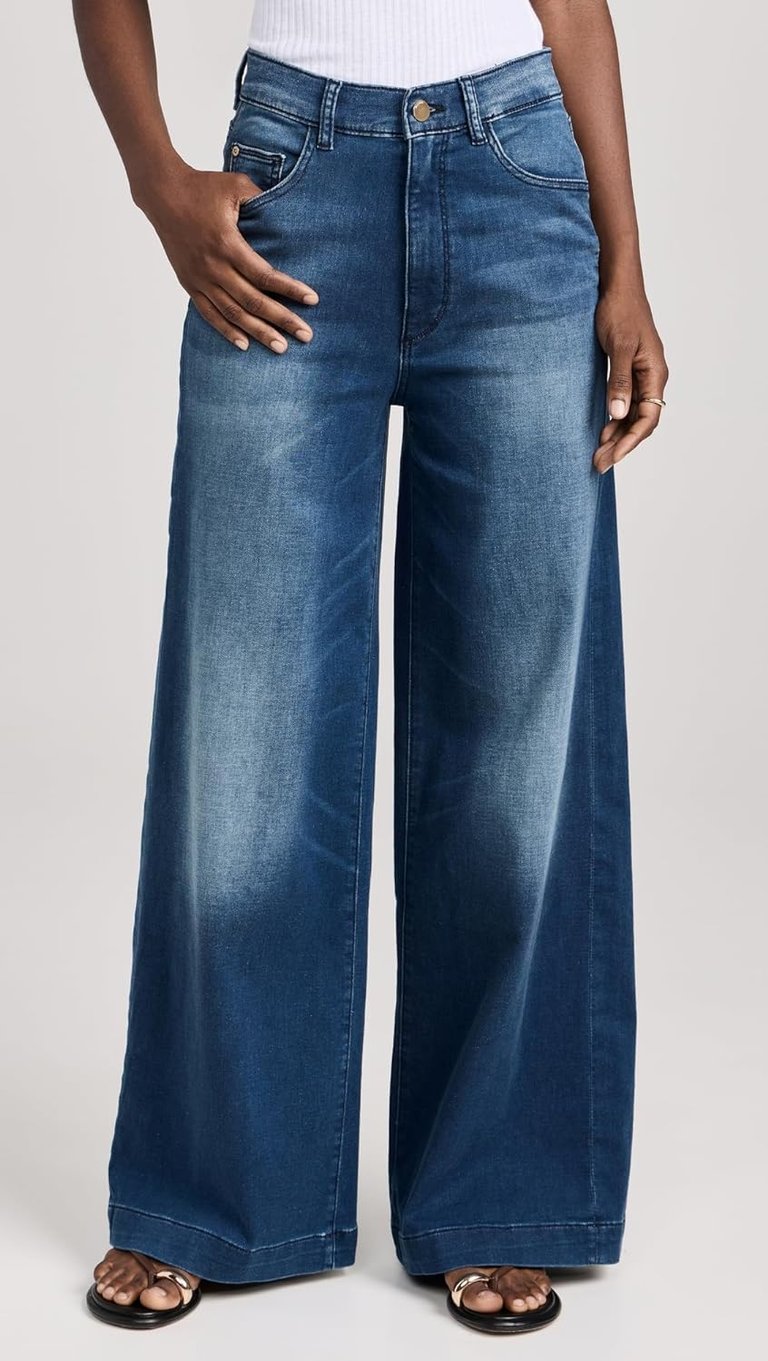 Women Hepburn Wide Leg Jeans Stretch Denim Pants - Blue