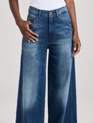 Women Hepburn Wide Leg Jeans Stretch Denim Pants - Blue