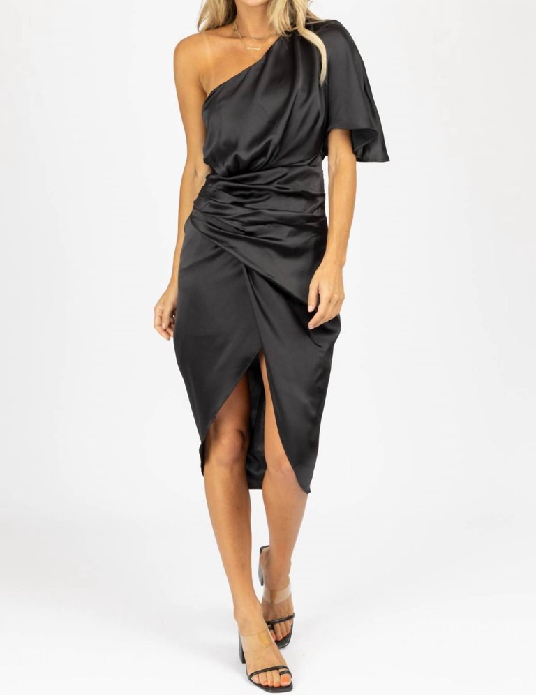 Asymmetric Satin Midi Dress In Black - Black