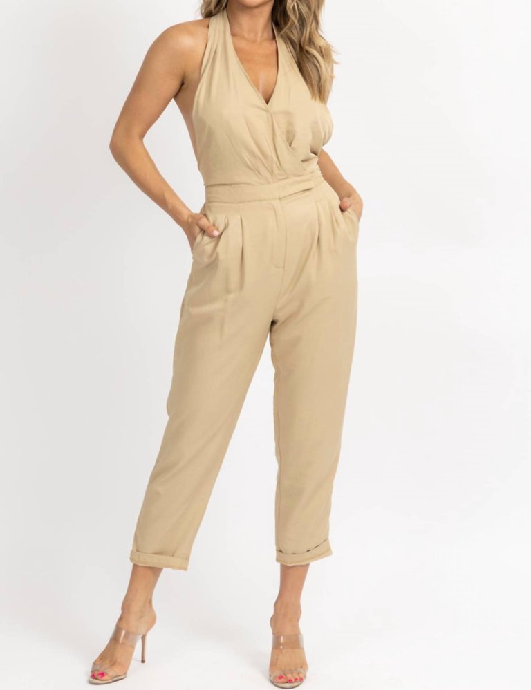 Halterneck Open Back Jumpsuit In Golden Beige - Golden Beige