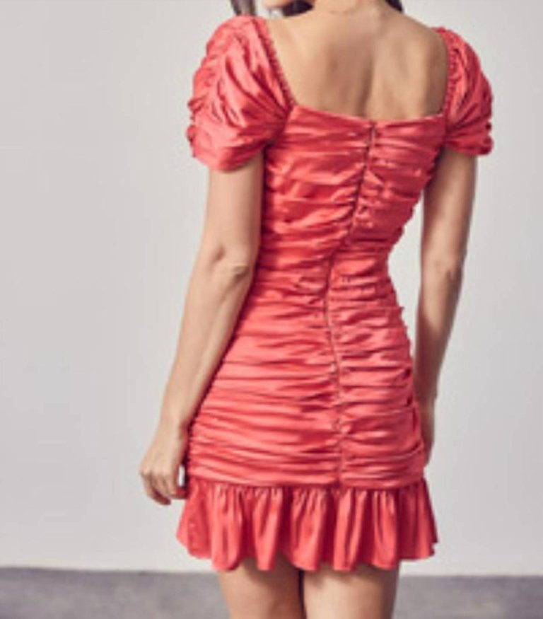 Satin Ruched Mini Dress In Coral