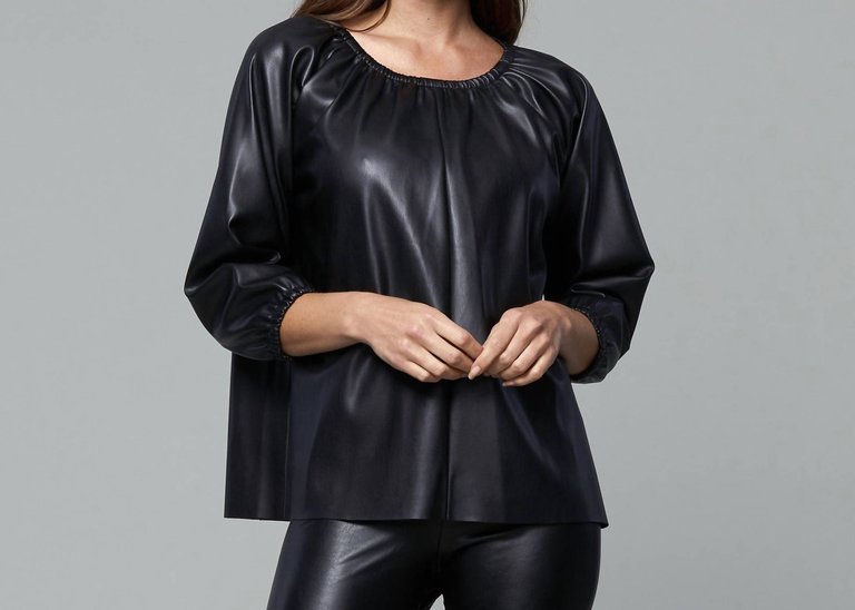 Blakely Faux Leather Puff Sleeve Top In Black - Black