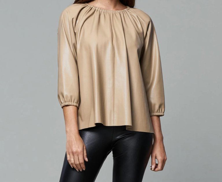 Blakely Faux Leather Puff Sleeve Top In Taupe - Taupe