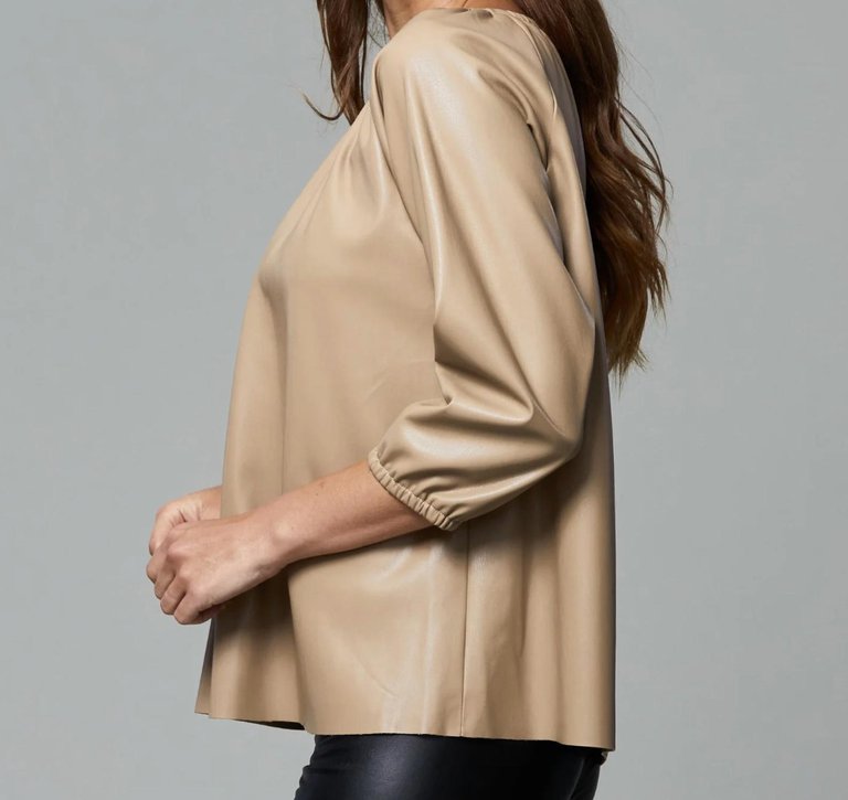 Blakely Faux Leather Puff Sleeve Top In Taupe