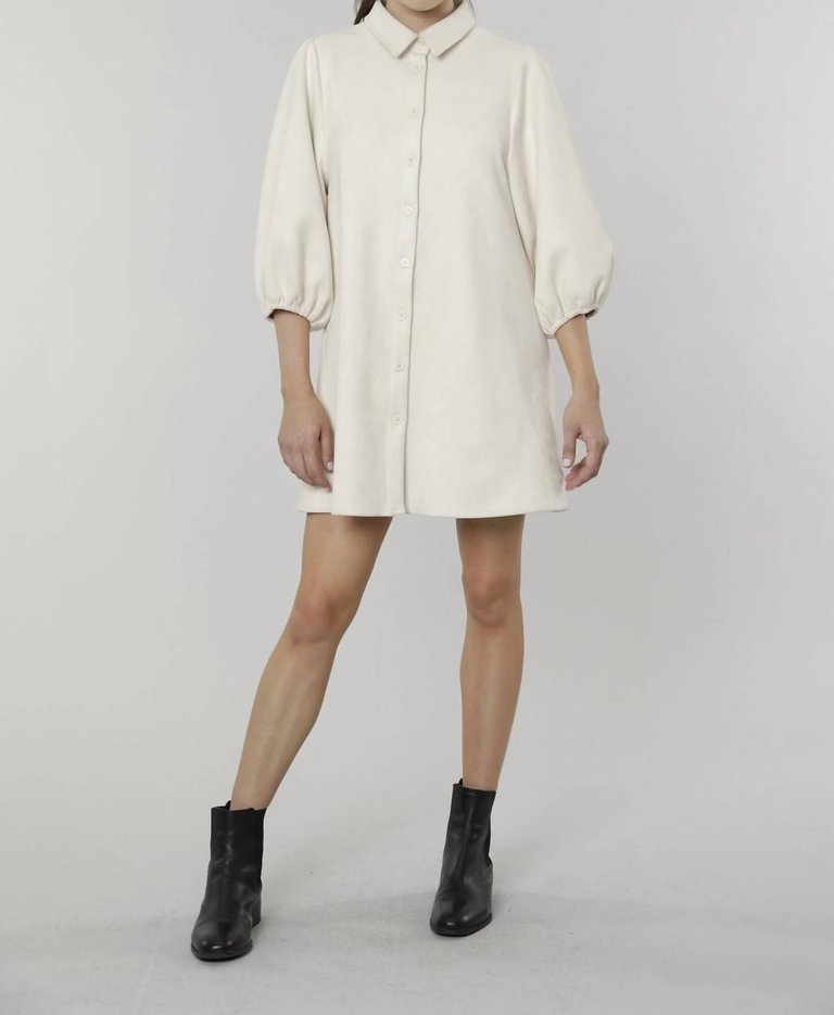 Everywhere Leather Dress With Puff Sleeves In Cream Suede