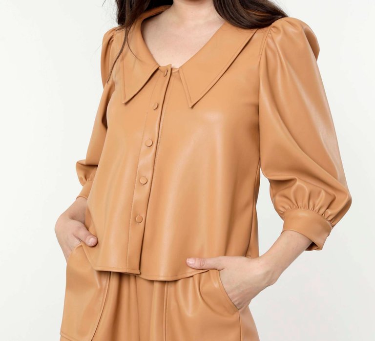 Hollie Faux Leather Blouse With Puff Sleeves In Amber