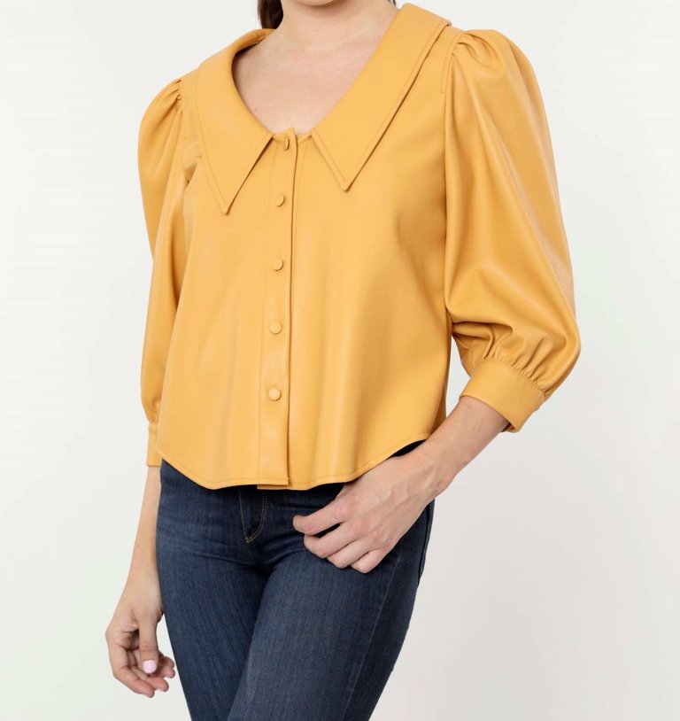 Hollie Faux Leather Blouse With Puff Sleeves In Apricot - Apricot