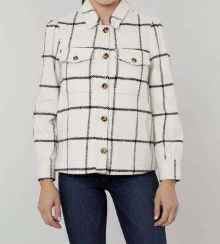 Puff Shoulder Windowpane Plaid Shirt Jacket In White/black