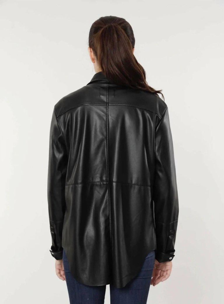 Vegan Leather Button-Down Shirt Shacket In Black