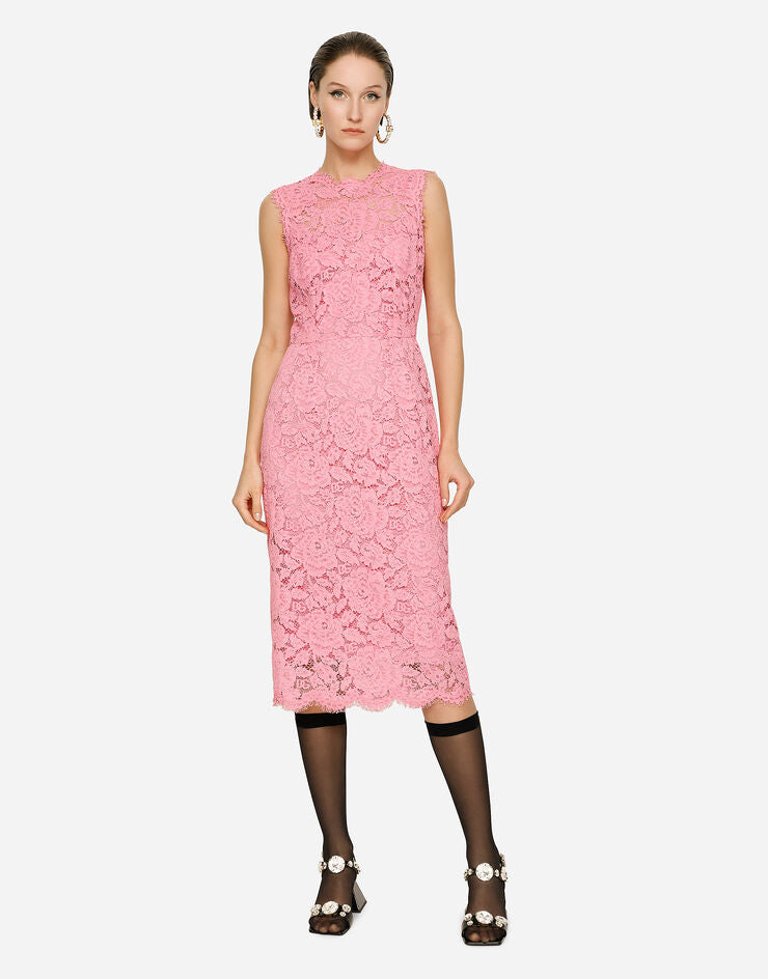 Branded Stretch Lace Calf-Length Dress - Pink