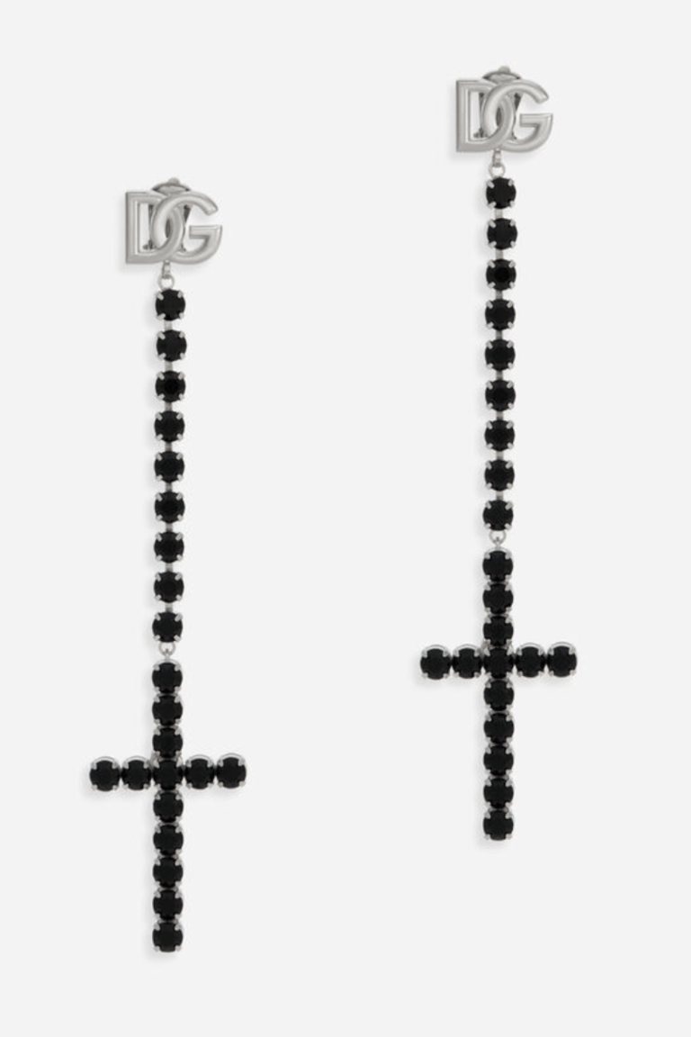 Kim Dolce & Gabbana Long Earrings With Rhinestone Detailed Crosses - Silver
