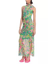 Printed Mesh-Overlay Maxi Dress